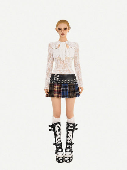 Nico Molly Plaid Pleated Lace Up Spliced High Waist Women&