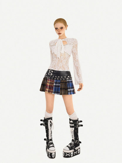 Nico Molly Plaid Pleated Lace Up Spliced High Waist Women&