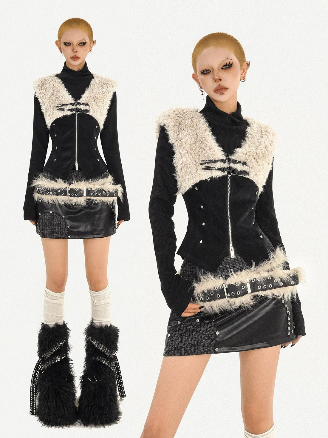 Nico Molly Plush Patchwork Fur Collar V-neck Zip Cinched Waist Women&