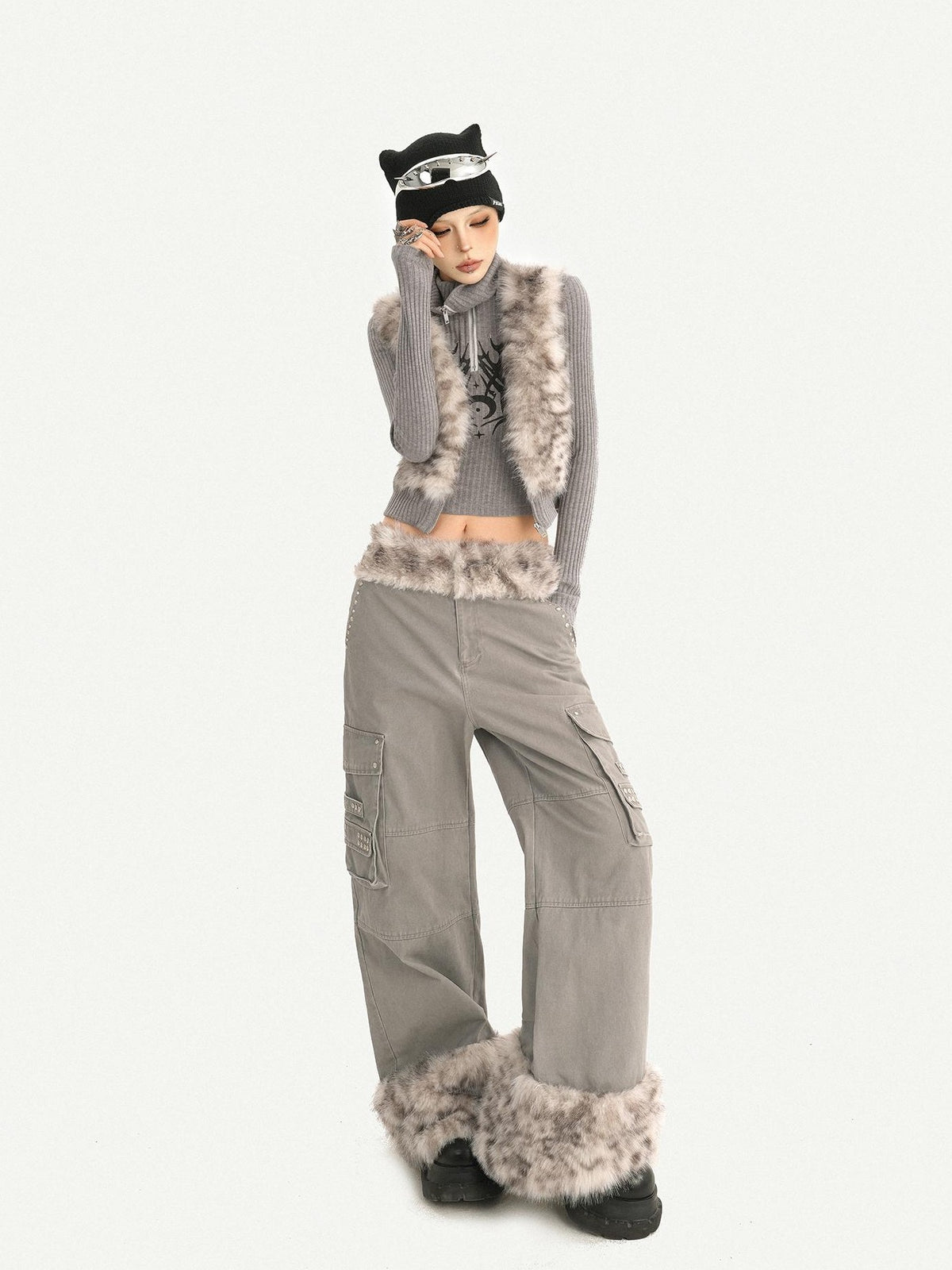 Nico Molly Plush Zippered Stand Collar Cropped Sleeveless Vest Women&
