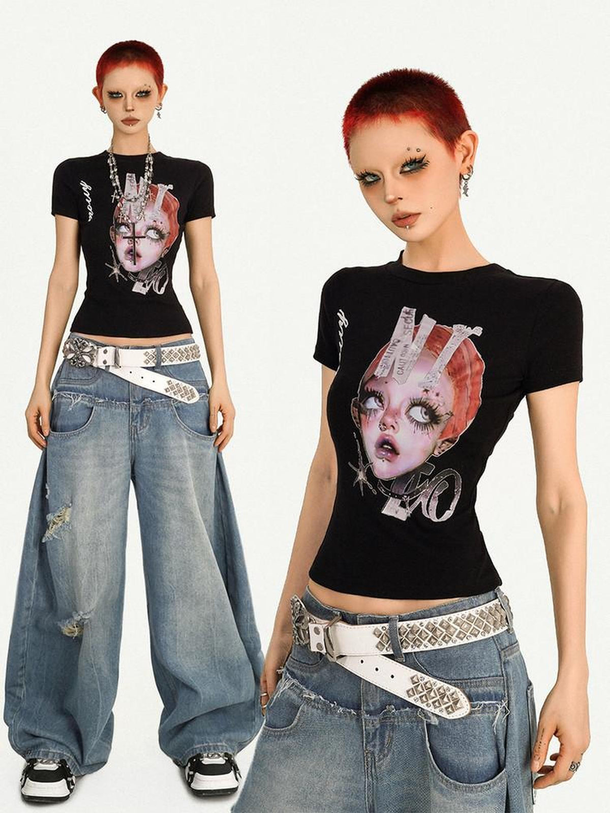 Nico Molly Portrait Print Round Neck Set In Shoulder Women&