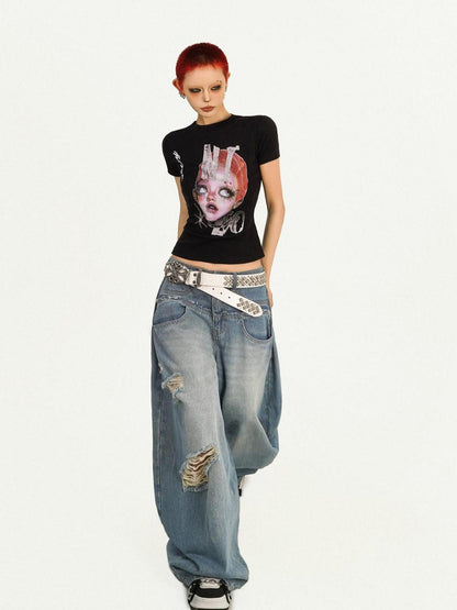 Nico Molly Portrait Print Round Neck Set In Shoulder Women&