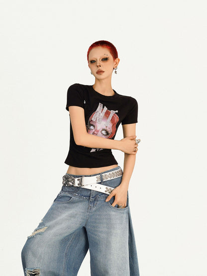 Nico Molly Portrait Print Round Neck Set In Shoulder Women&