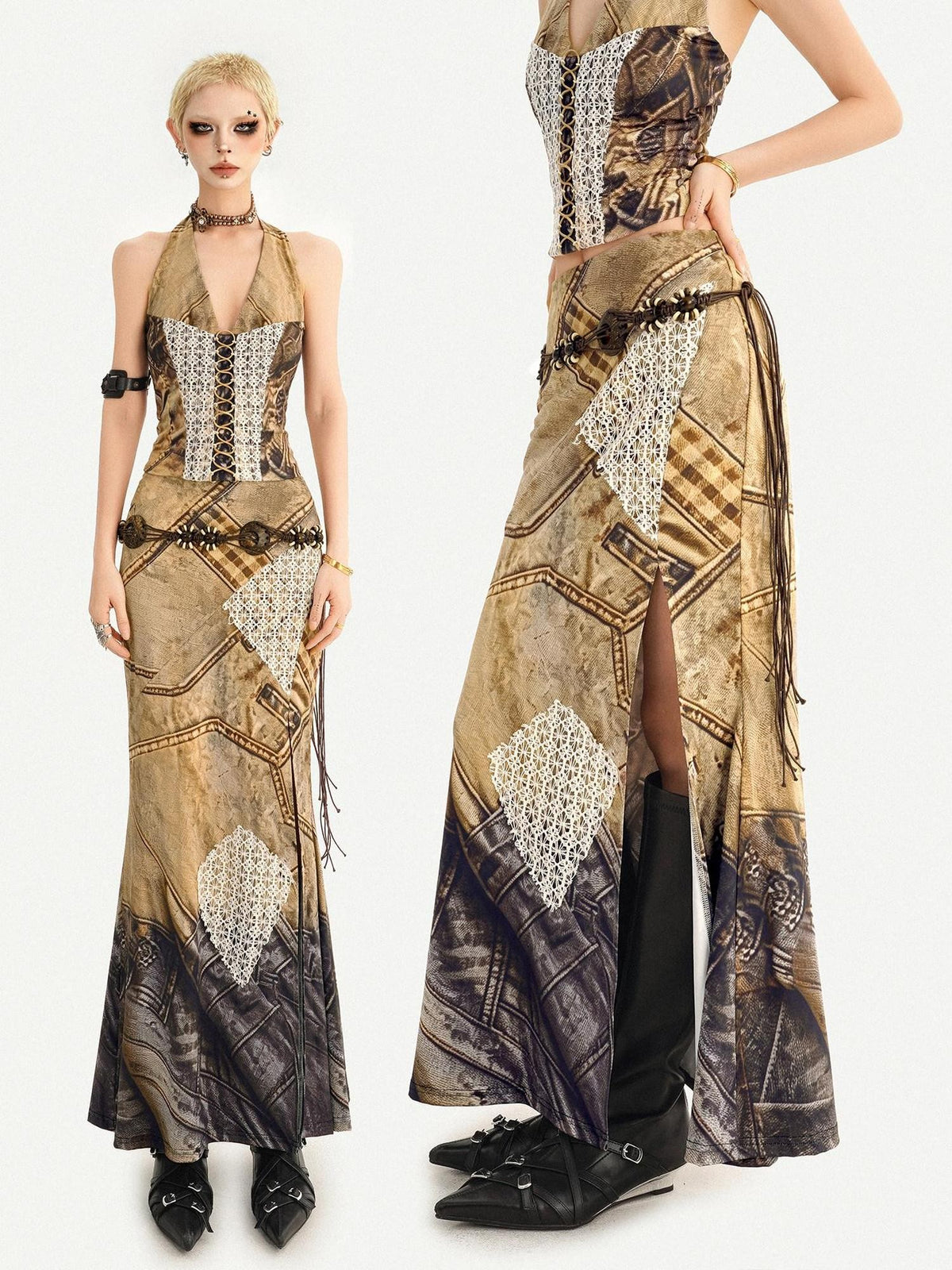 Nico Molly Post Apocalyptic Patchwork Lace Halter V-neck Women&