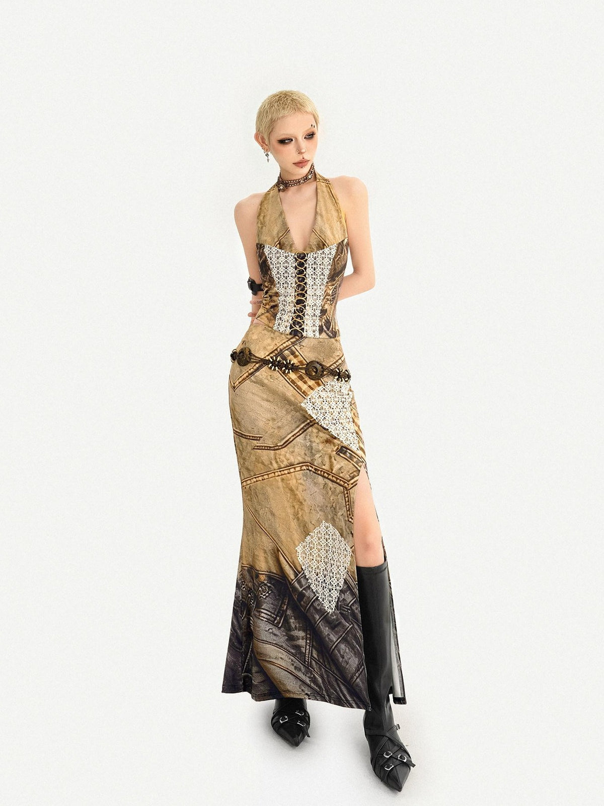 Nico Molly Post Apocalyptic Patchwork Lace Halter V-neck Women&