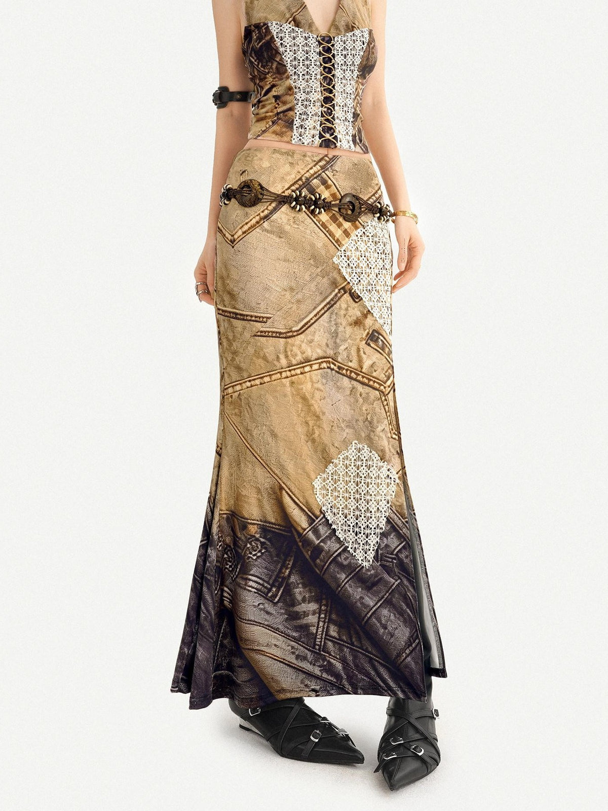 Nico Molly Post Apocalyptic Patchwork Lace Halter V-neck Women&