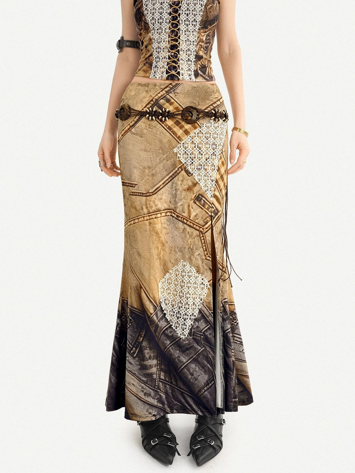 Nico Molly Post Apocalyptic Patchwork Lace Halter V-neck Women&