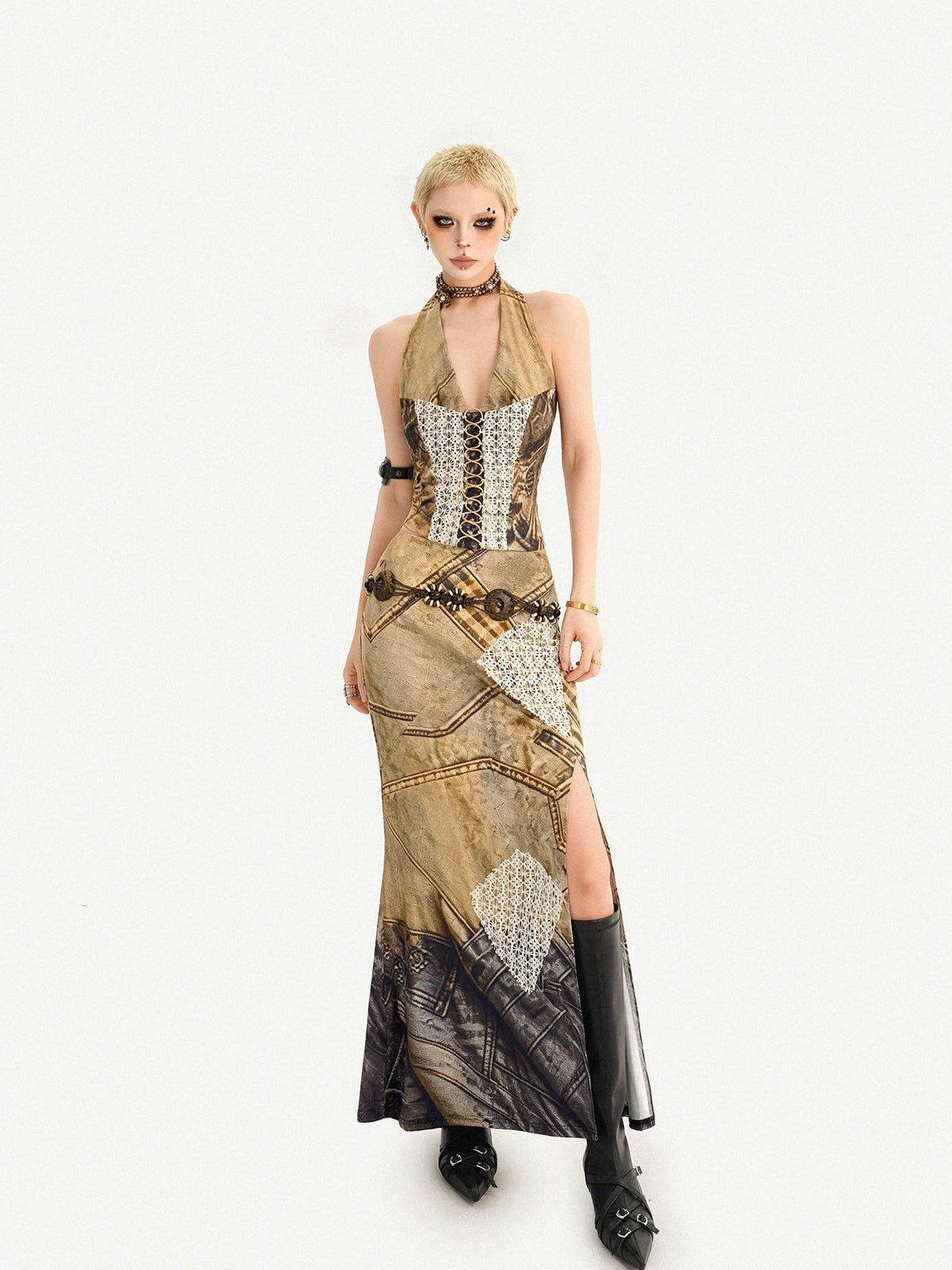 Nico Molly Post Apocalyptic Patchwork Lace Halter V-neck Women&