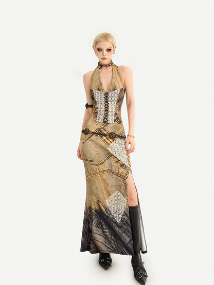 Nico Molly Post Apocalyptic Patchwork Lace Halter V-neck Women&