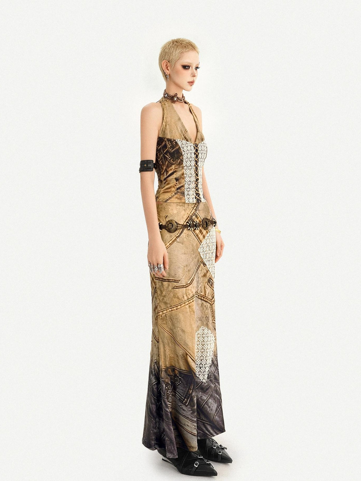 Nico Molly Post Apocalyptic Patchwork Lace Halter V-neck Women&