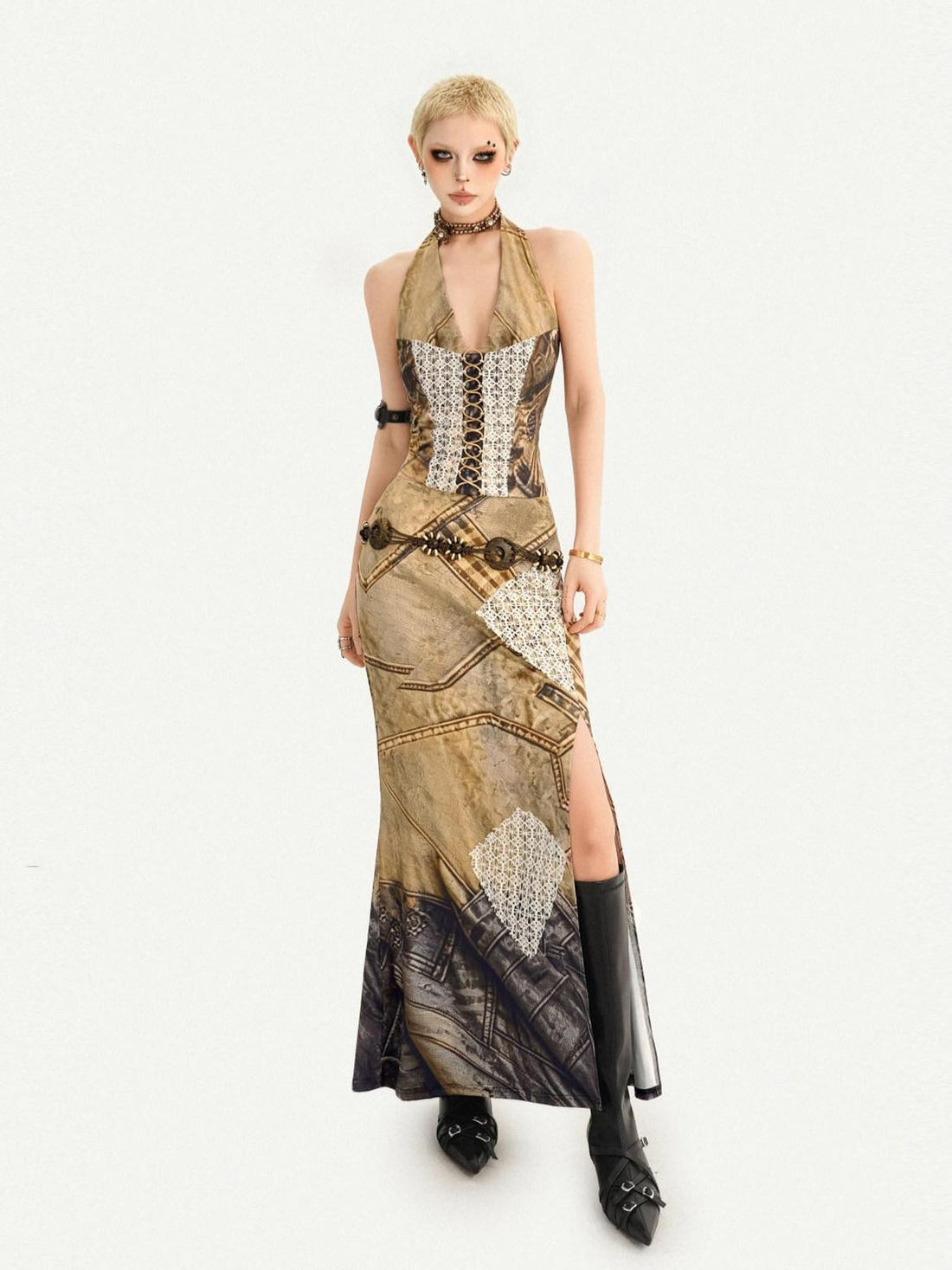 Nico Molly Post Apocalyptic Patchwork Lace Halter V-neck Women&