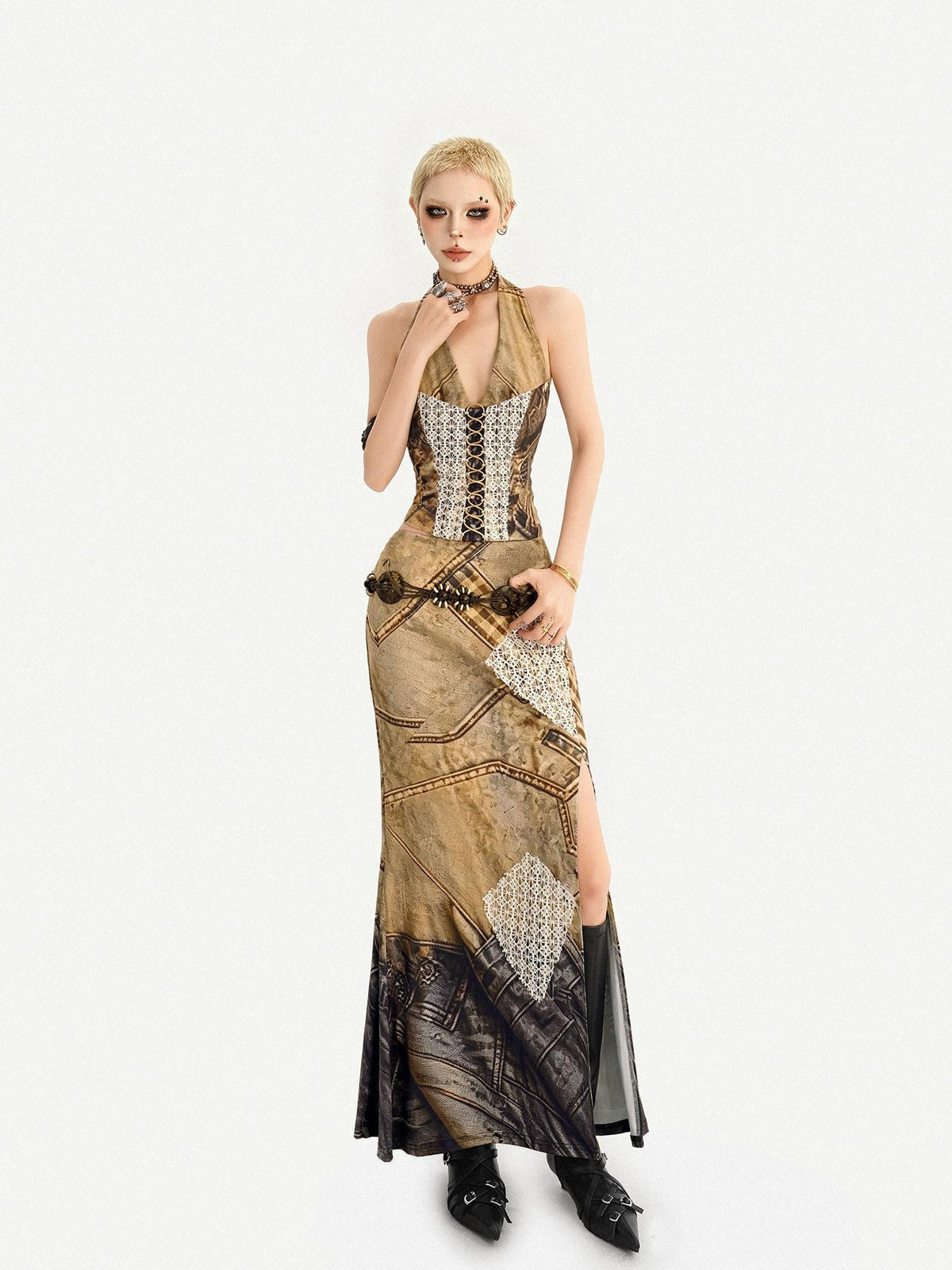 Nico Molly Post Apocalyptic Patchwork Lace Halter V-neck Women&