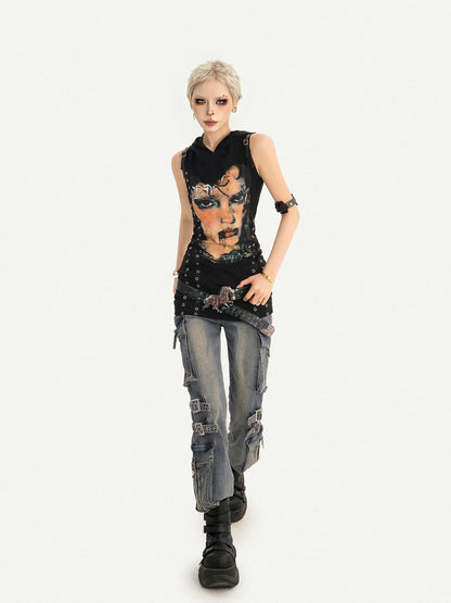 Nico Molly Printed Studded Hooded Sleeveless Women&
