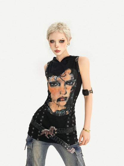Nico Molly Printed Studded Hooded Sleeveless Women&