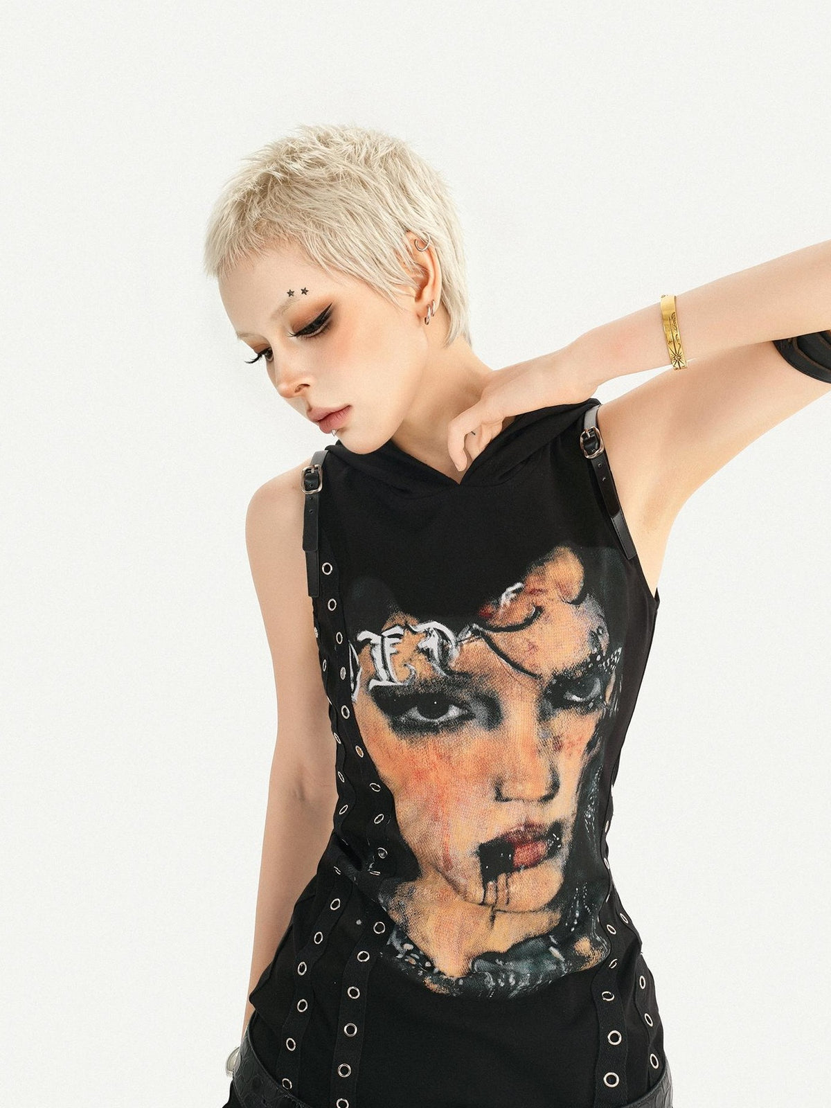 Nico Molly Printed Studded Hooded Sleeveless Women&