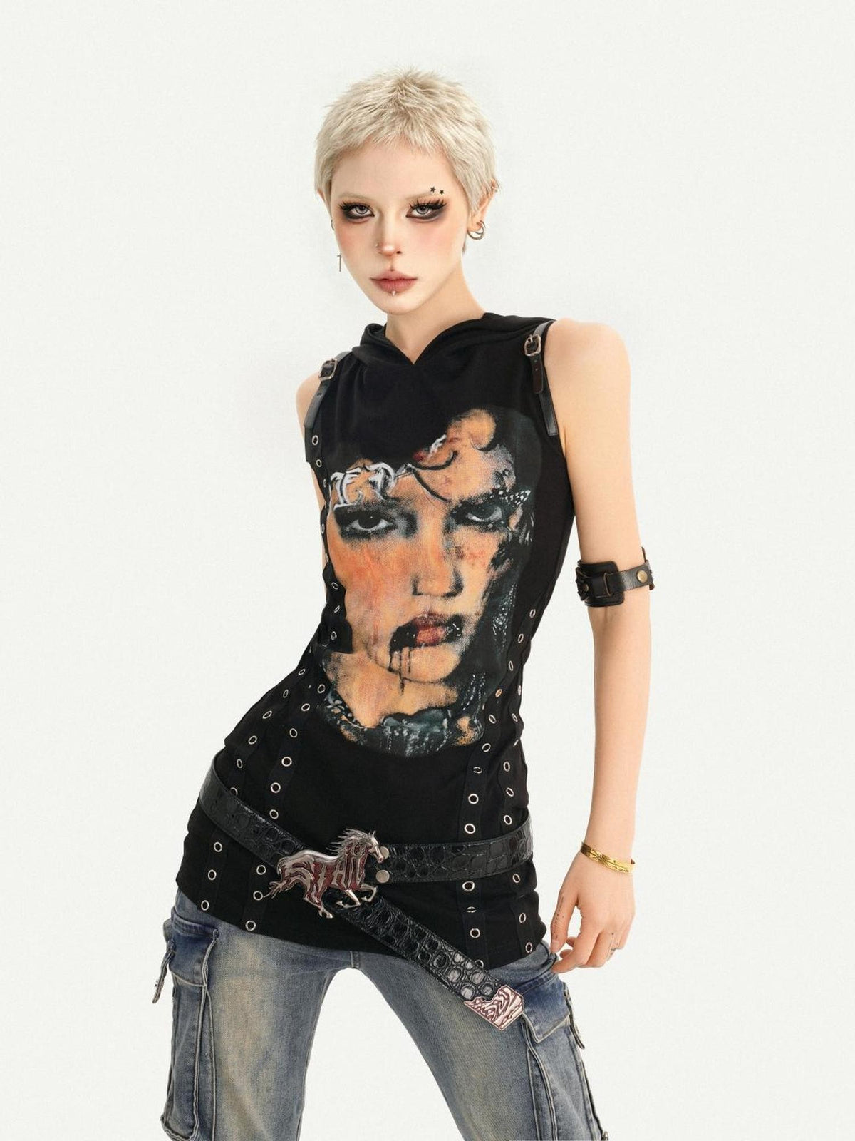 Nico Molly Printed Studded Hooded Sleeveless Women&