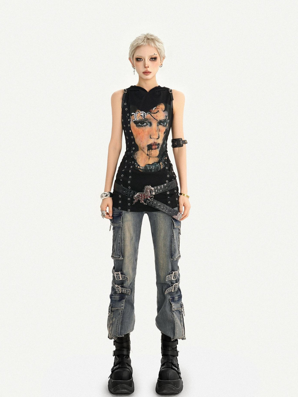 Nico Molly Printed Studded Hooded Sleeveless Women&