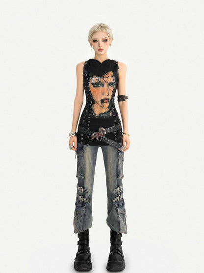 Nico Molly Printed Studded Hooded Sleeveless Women&