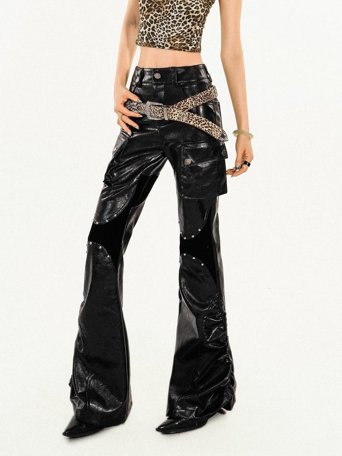 Nico Molly Pu Leather High Waist Slim Micro Flare Cargo Pocket Zip Women&