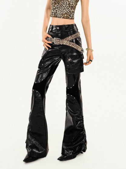 Nico Molly Pu Leather High Waist Slim Micro Flare Cargo Pocket Zip Women&