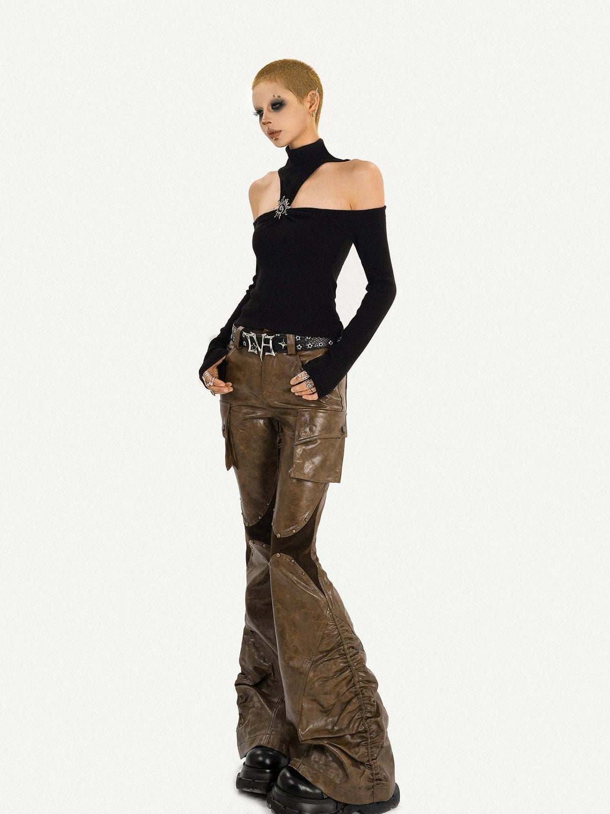 Nico Molly Pu Leather High Waist Slim Micro Flare Cargo Pocket Zip Women&