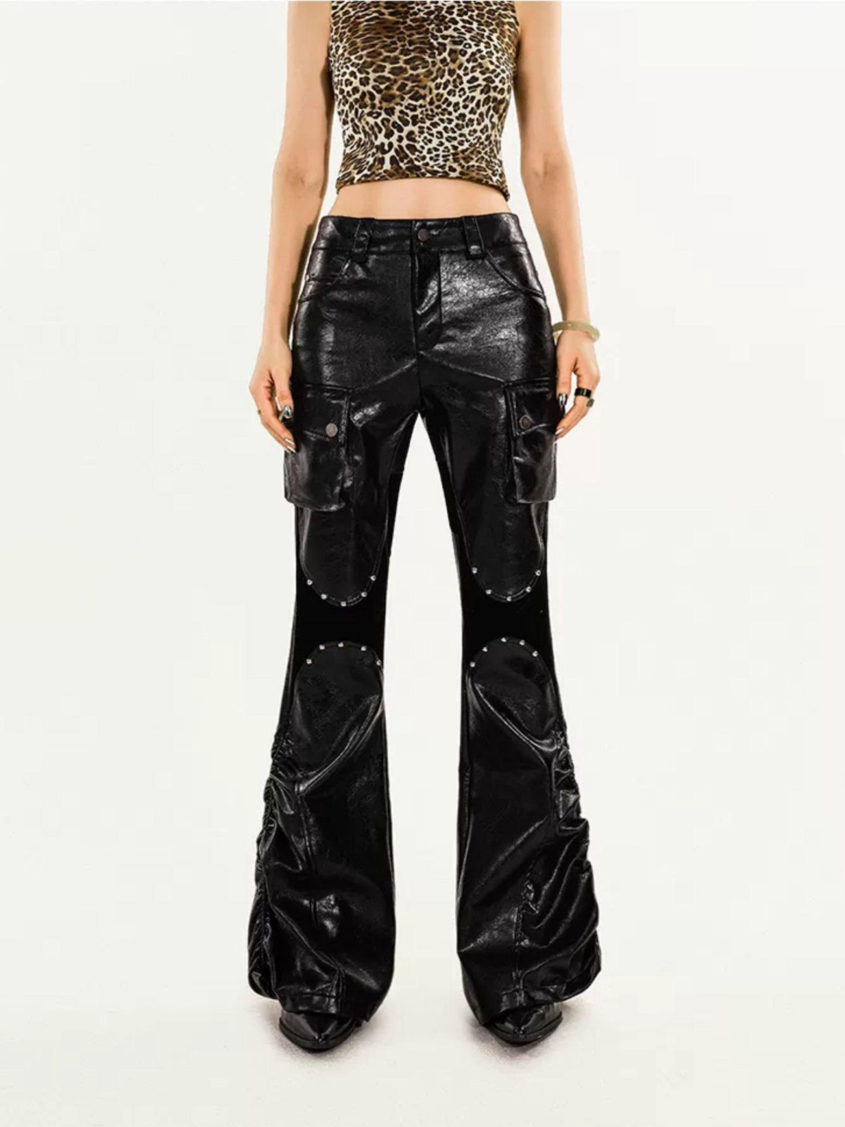 Nico Molly Pu Leather High Waist Slim Micro Flare Cargo Pocket Zip Women&