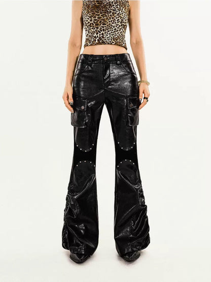 Nico Molly Pu Leather High Waist Slim Micro Flare Cargo Pocket Zip Women&
