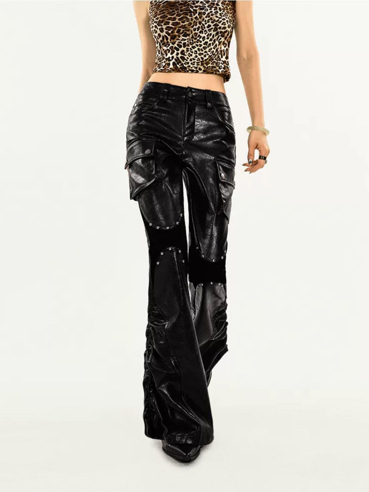 Nico Molly Pu Leather High Waist Slim Micro Flare Cargo Pocket Zip Women&