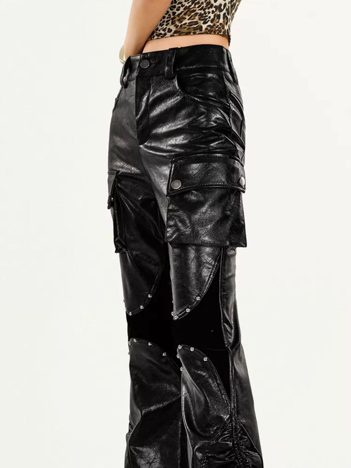 Nico Molly Pu Leather High Waist Slim Micro Flare Cargo Pocket Zip Women&
