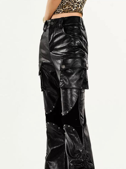 Nico Molly Pu Leather High Waist Slim Micro Flare Cargo Pocket Zip Women&