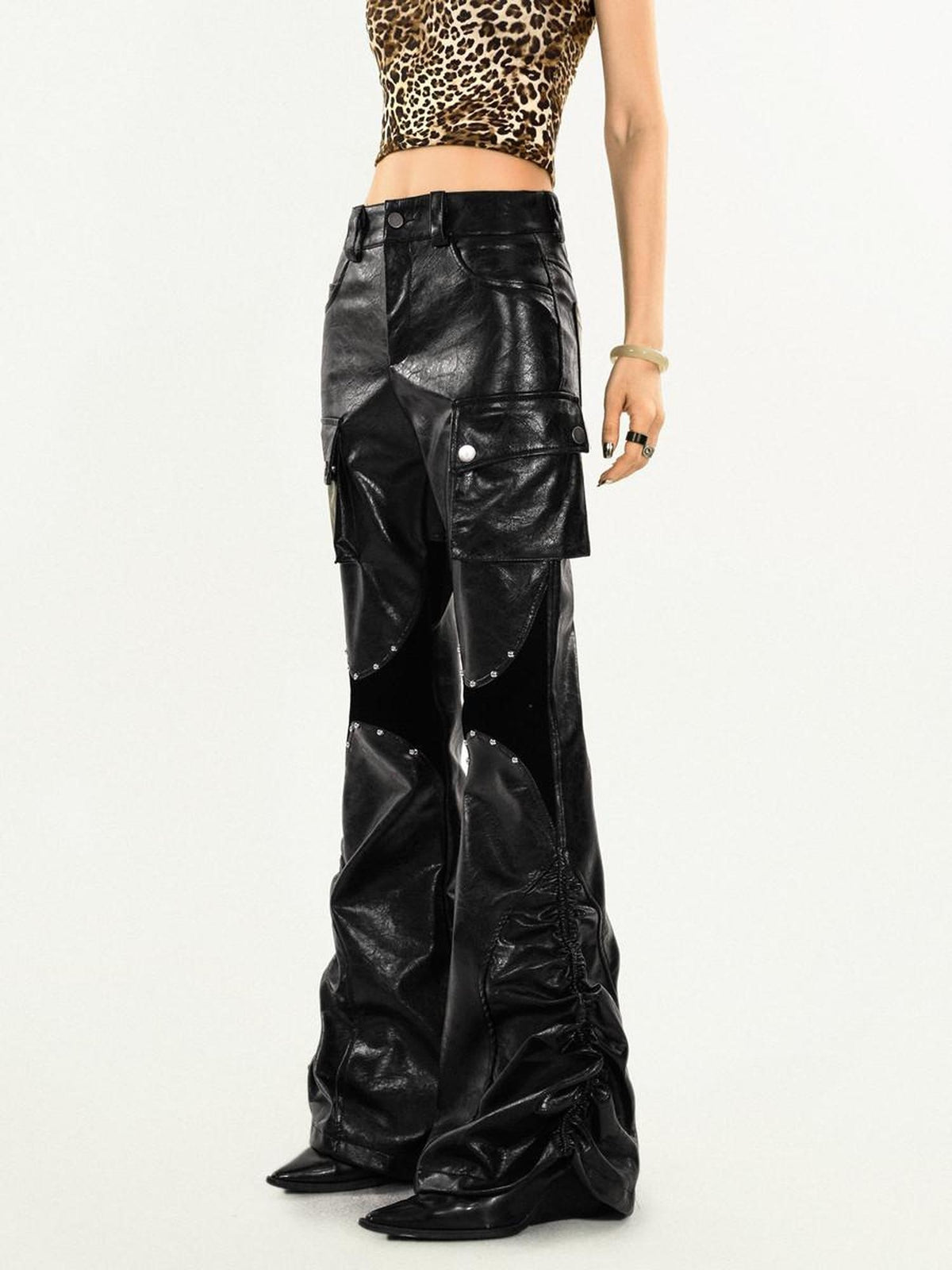 Nico Molly Pu Leather High Waist Slim Micro Flare Cargo Pocket Zip Women&