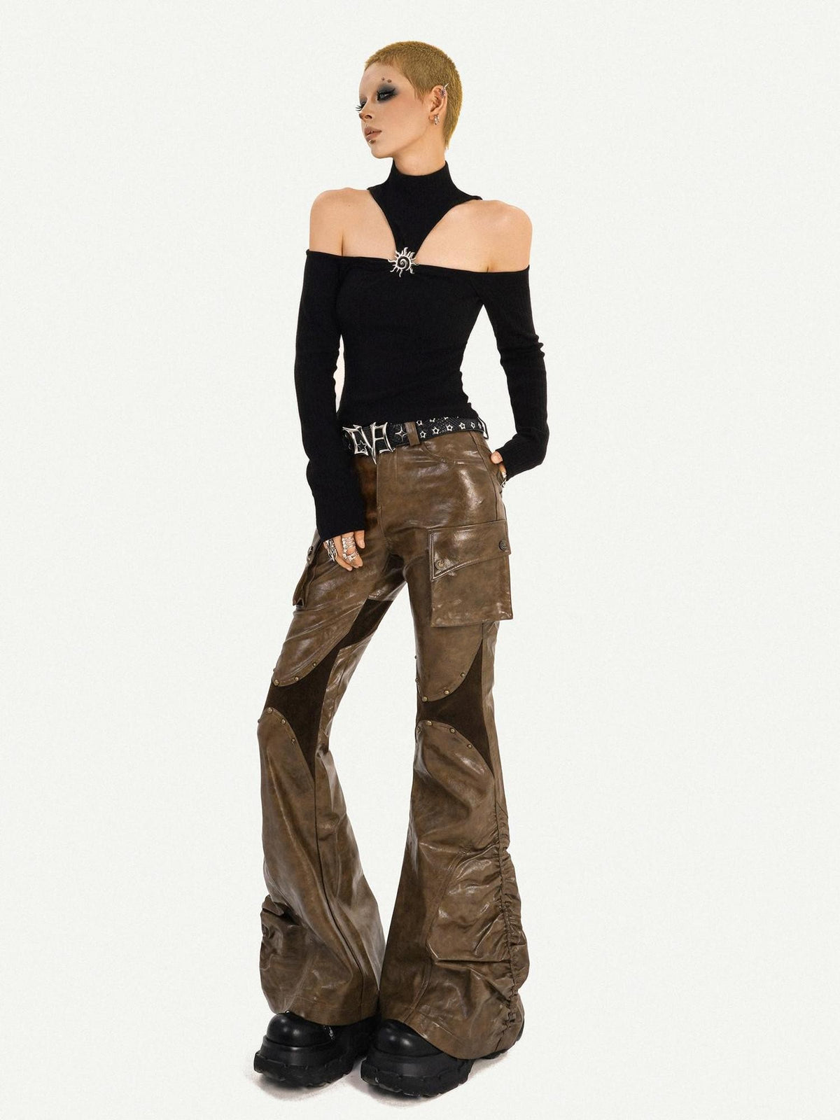 Nico Molly Pu Leather High Waist Slim Micro Flare Cargo Pocket Zip Women&