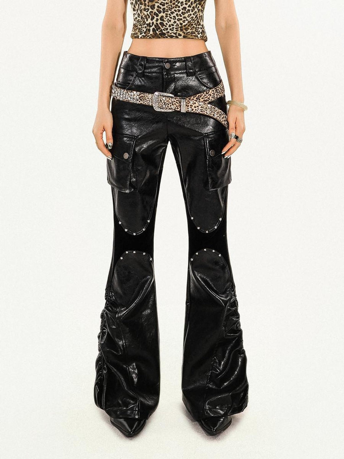Nico Molly Pu Leather High Waist Slim Micro Flare Cargo Pocket Zip Women&