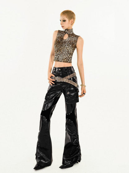 Nico Molly Pu Leather High Waist Slim Micro Flare Cargo Pocket Zip Women&