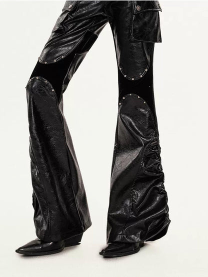 Nico Molly Pu Leather High Waist Slim Micro Flare Cargo Pocket Zip Women&