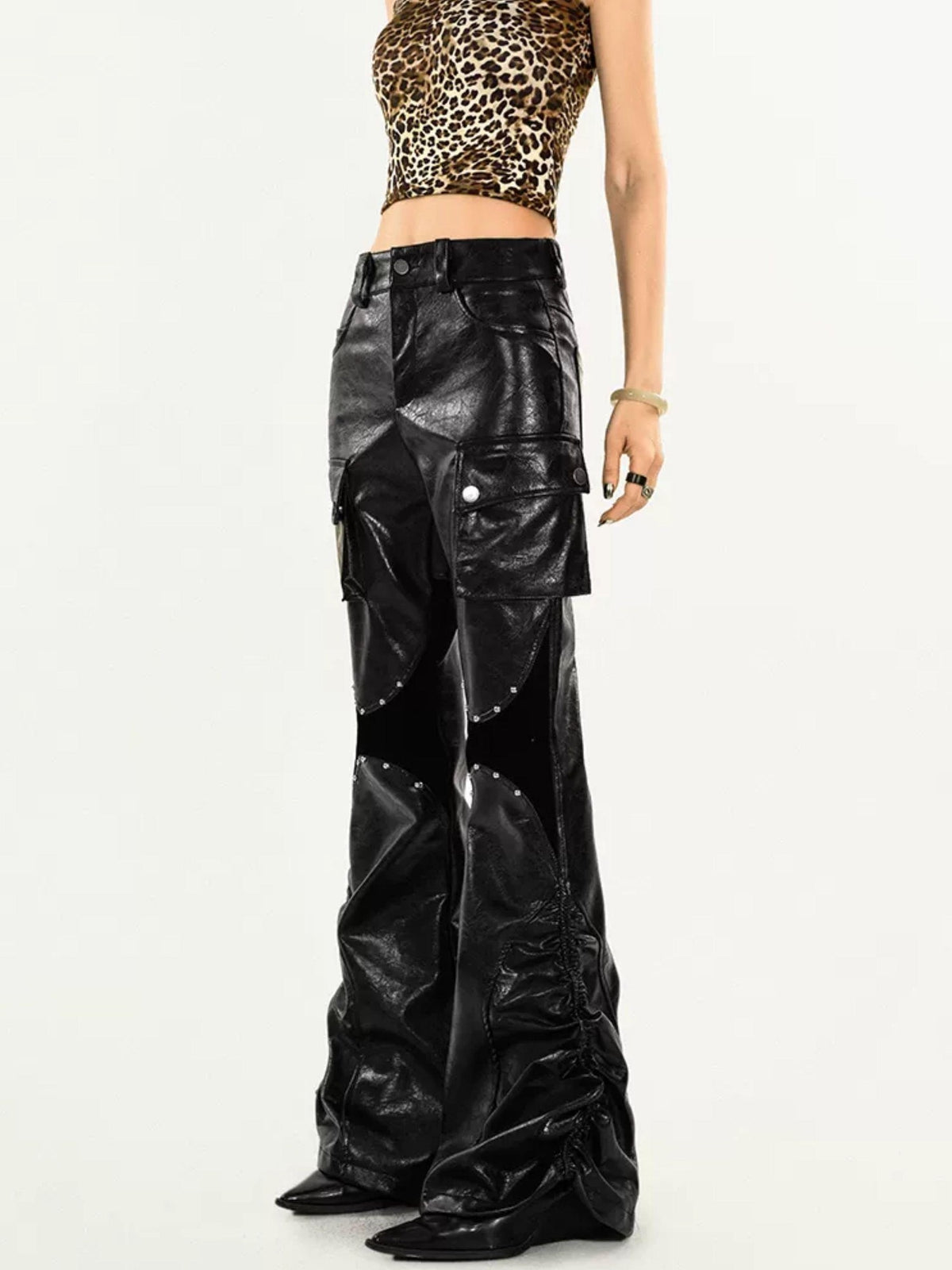 Nico Molly Pu Leather High Waist Slim Micro Flare Cargo Pocket Zip Women&
