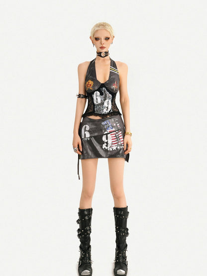 Nico Molly Punk Biker Halter V-neck Letter Print Women&