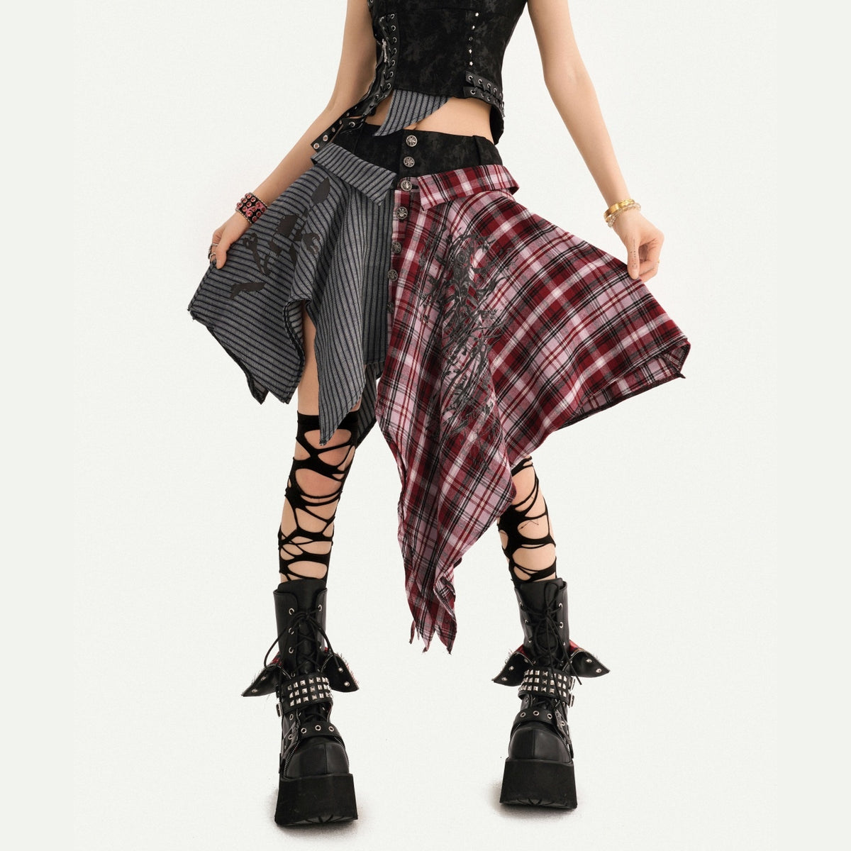 Nico_Molly_Punk_Plaid_Striped_Patchwork_Asymmetric_Shirt_Women&