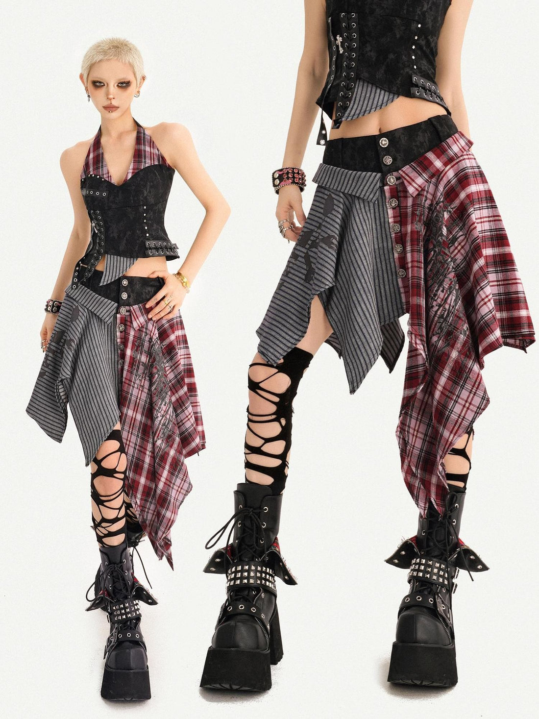 Nico Molly Punk Plaid Striped Patchwork Asymmetric Shirt Women&