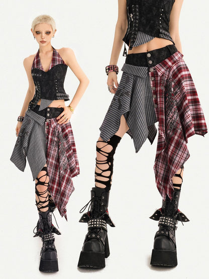 Nico Molly Punk Plaid Striped Patchwork Asymmetric Shirt Women&