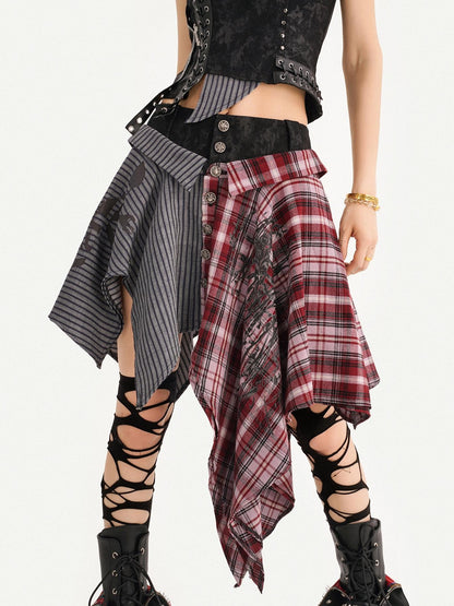 Nico Molly Punk Plaid Striped Patchwork Asymmetric Shirt Women&