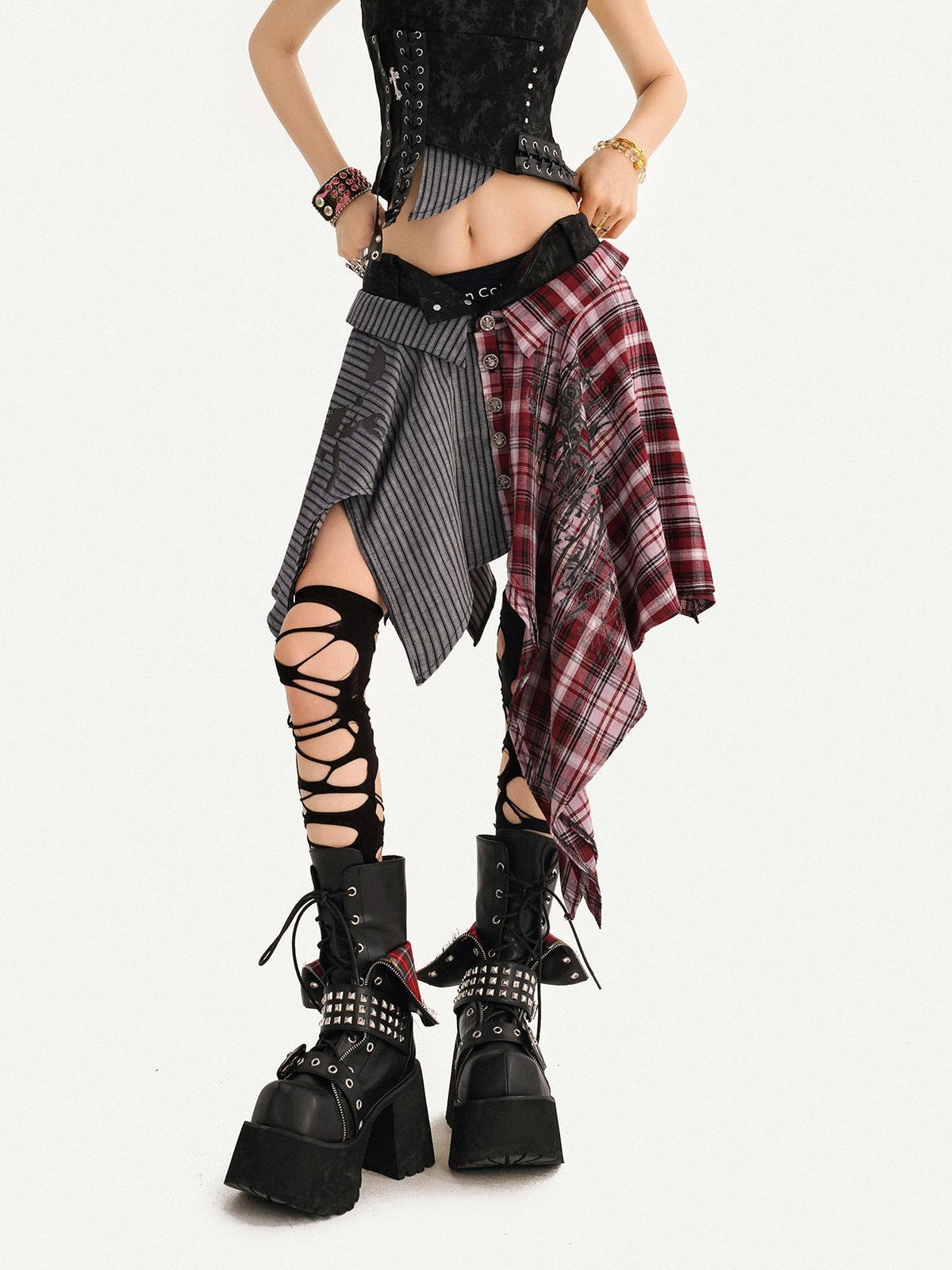Nico Molly Punk Plaid Striped Patchwork Asymmetric Shirt Women&