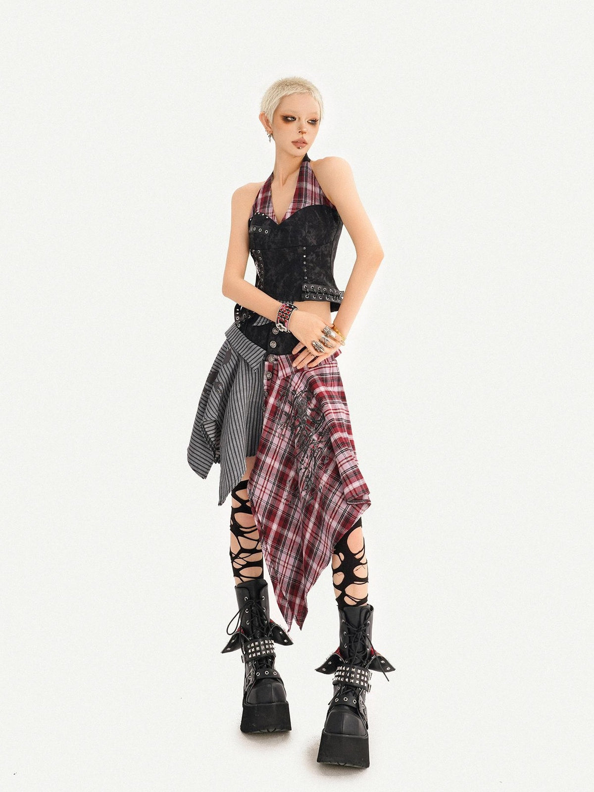 Nico Molly Punk Plaid Striped Patchwork Asymmetric Shirt Women&