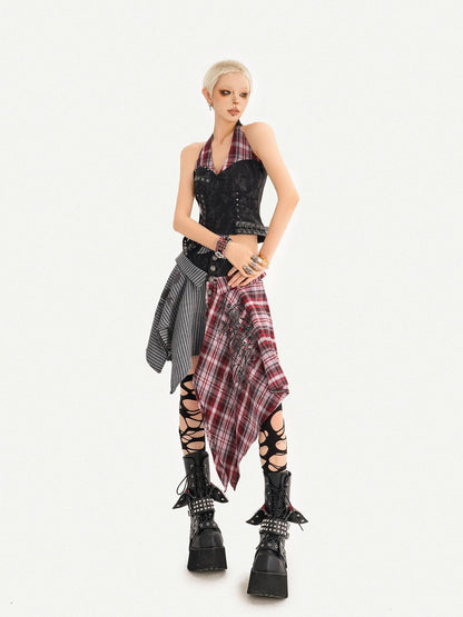 Nico Molly Punk Plaid Striped Patchwork Asymmetric Shirt Women&