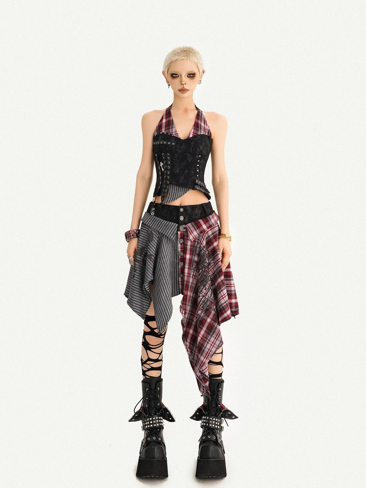 Nico Molly Punk Plaid Striped Patchwork Asymmetric Shirt Women&