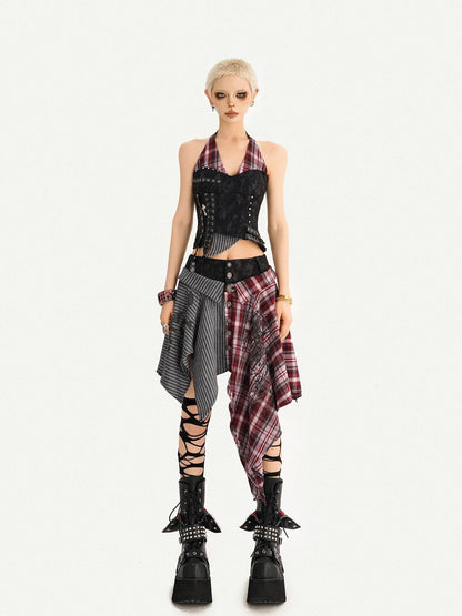 Nico Molly Punk Plaid Striped Patchwork Asymmetric Shirt Women&