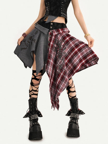 Nico Molly Punk Plaid Striped Patchwork Asymmetric Shirt Women&