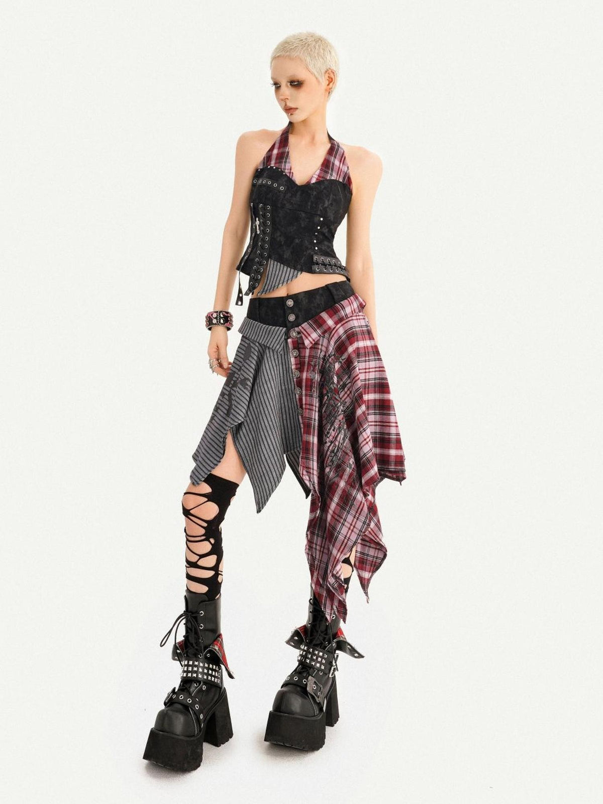 Nico Molly Punk Plaid Striped Patchwork Asymmetric Shirt Women&