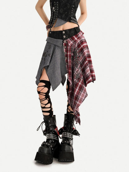Nico Molly Punk Plaid Striped Patchwork Asymmetric Shirt Women&
