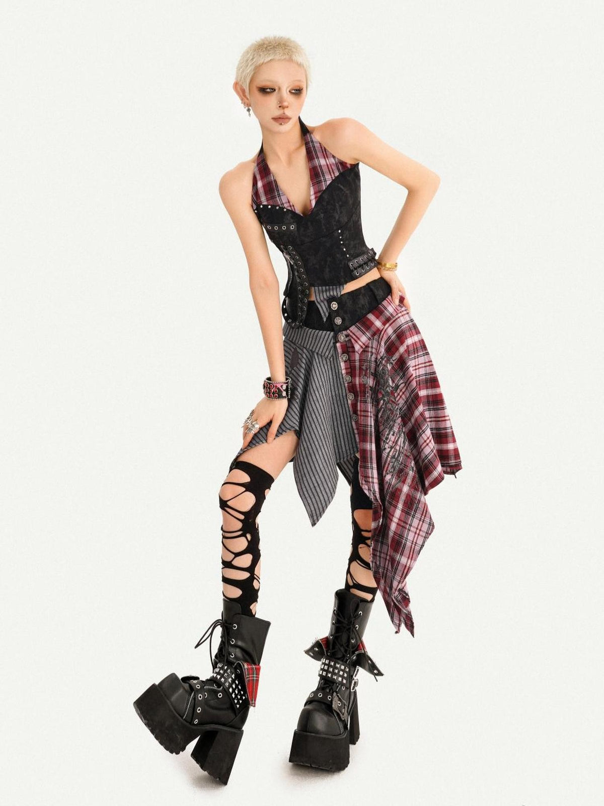 Nico Molly Punk Plaid Striped Patchwork Asymmetric Shirt Women&